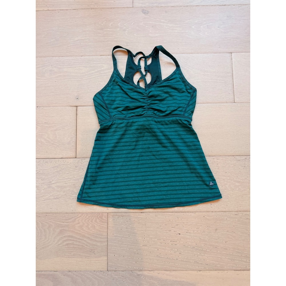 Prana Strappy Built In Bra Tank Top Womens Small Green Striped Yoga Athleisure